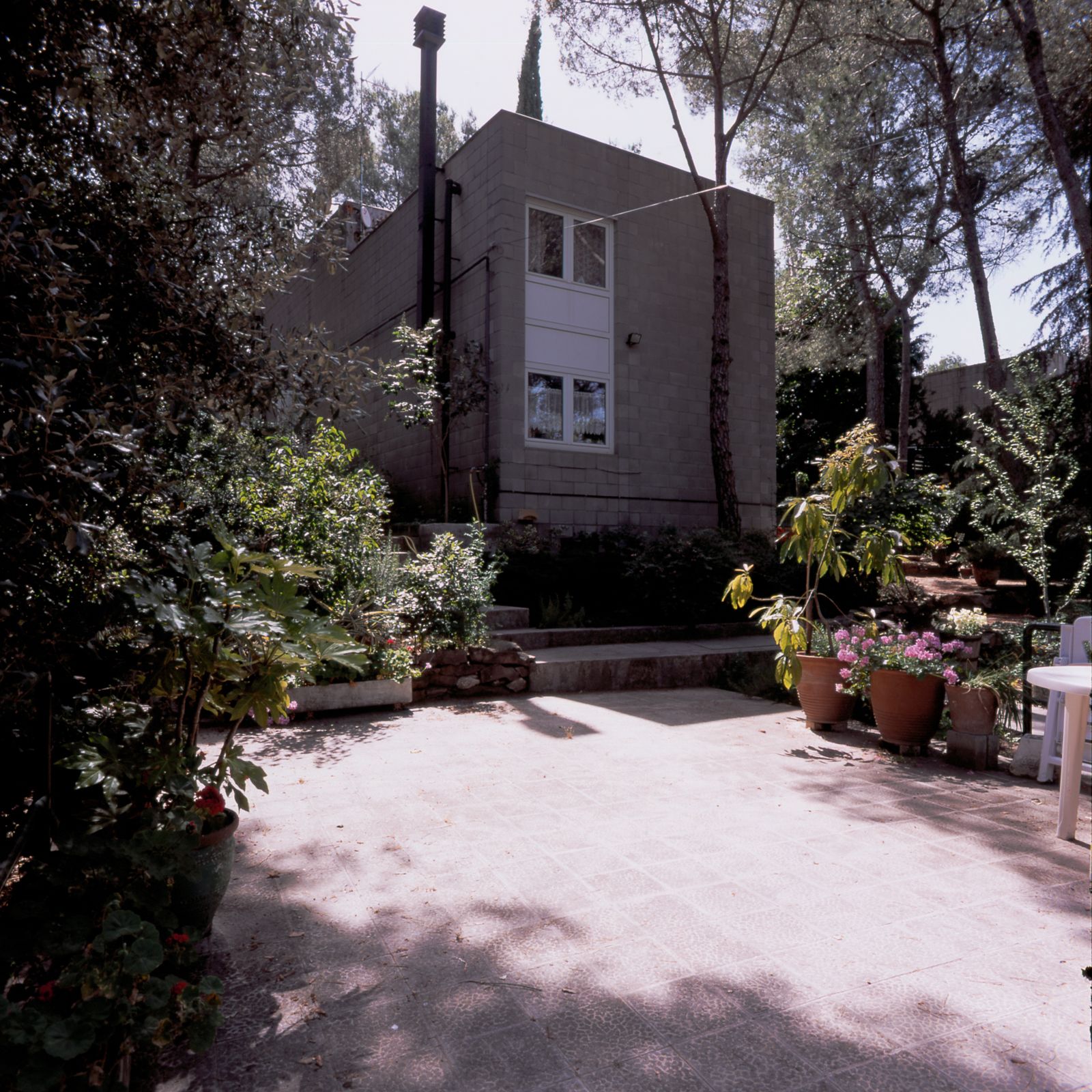 Vista exterior d'una casa de blocs de formigó amb un pati jardí, envoltada de plantes en test i arbres, creant un espai exterior serè i ombrejat.