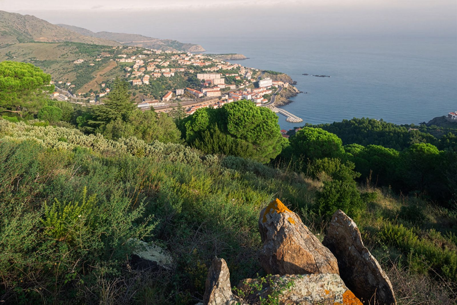 Un pueblo costero rodeado de colinas verdes, con una roca cubierta de líquenes en primer plano y vegetación exuberante que desciende hacia el mar, donde el pueblo está enclavado a lo largo de la costa.