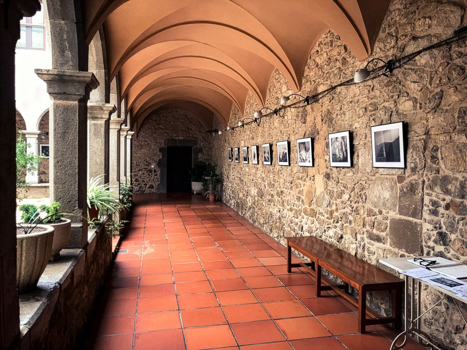 Una filera de fotografies emmarcades exposades en una paret de pedra al corredor cobert d'un claustre amb arcs, plantes en test i bancs.